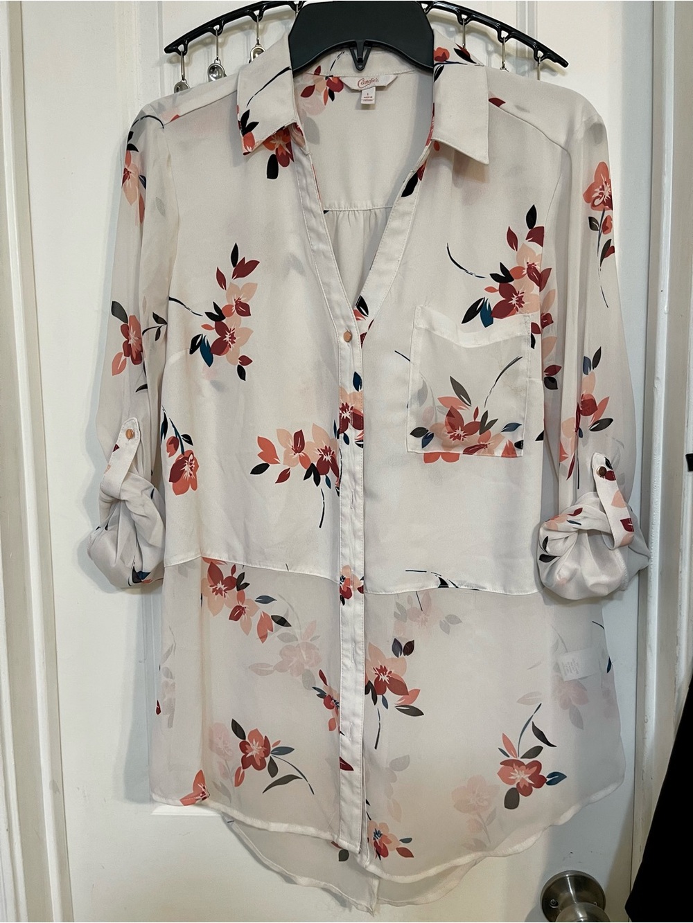Candie's Cream Blouse with Coral and Black Floral Accents